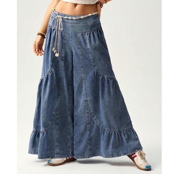 Medium Wash Stretchy Waist Cotton Wide leg Denim Pants - Picture 3 of 8